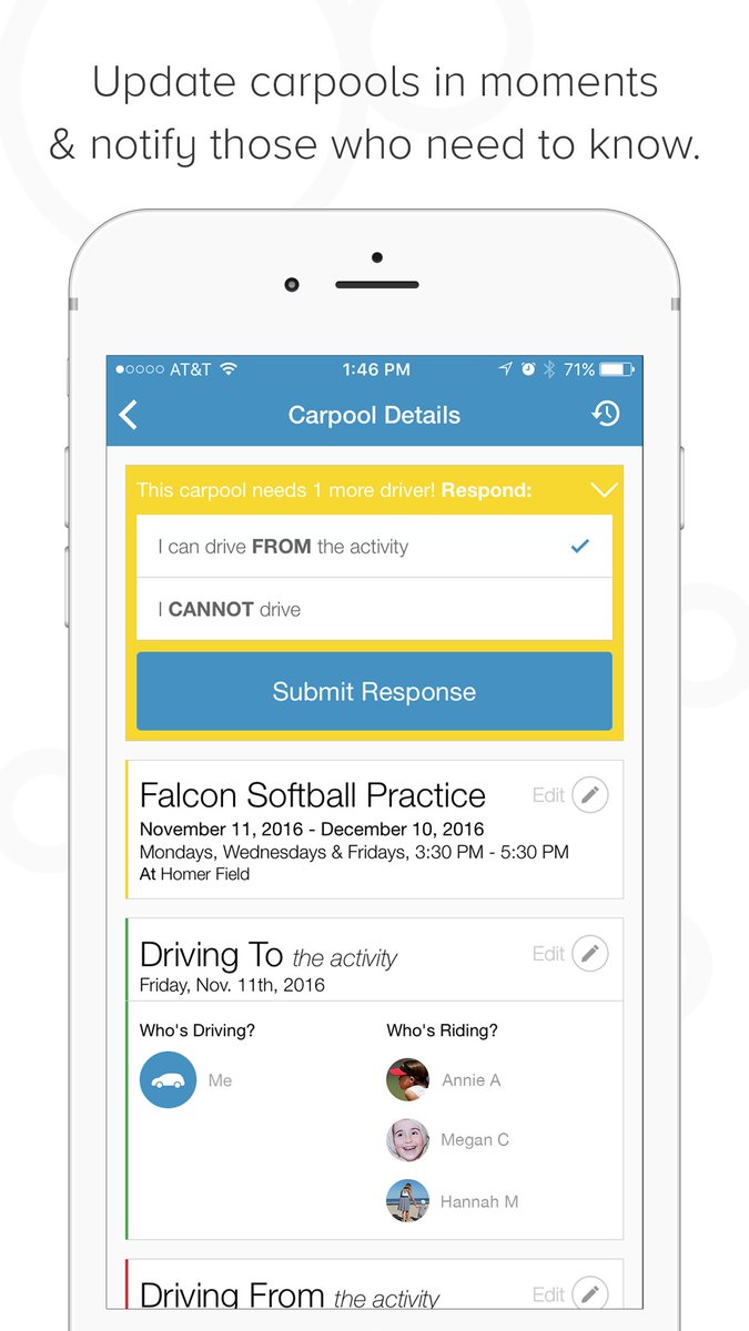 whosdrivingapp's tweet photo. Set-up a carpool asking who needs a ride. Create event, select Drivers or Riders you're not sure about. Alerts sent + others opt in or out. https://t.co/I3DgTmGFAY