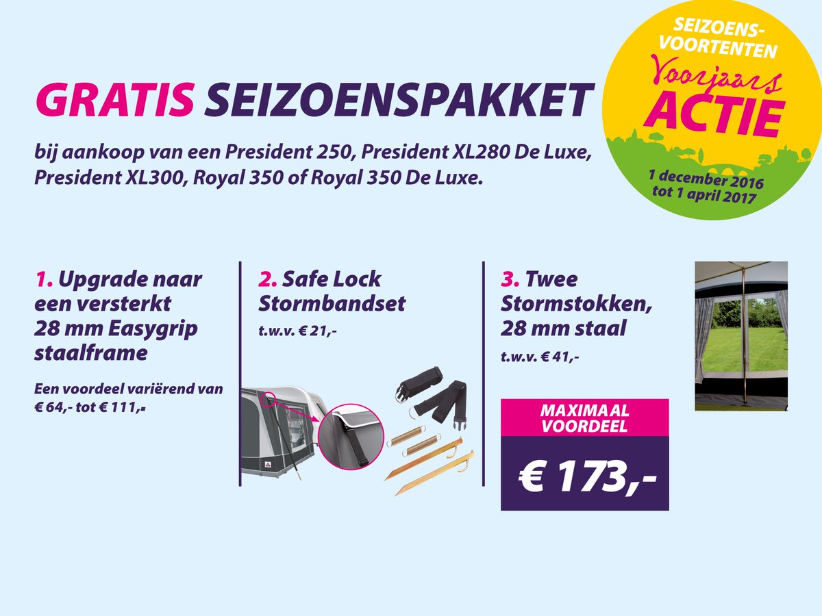 De Voorjaarsactie is weer van start gegaan. Tot 1 april ontvangt u bij aanschaf van een seizoenstent een gratis seizoenspakket.