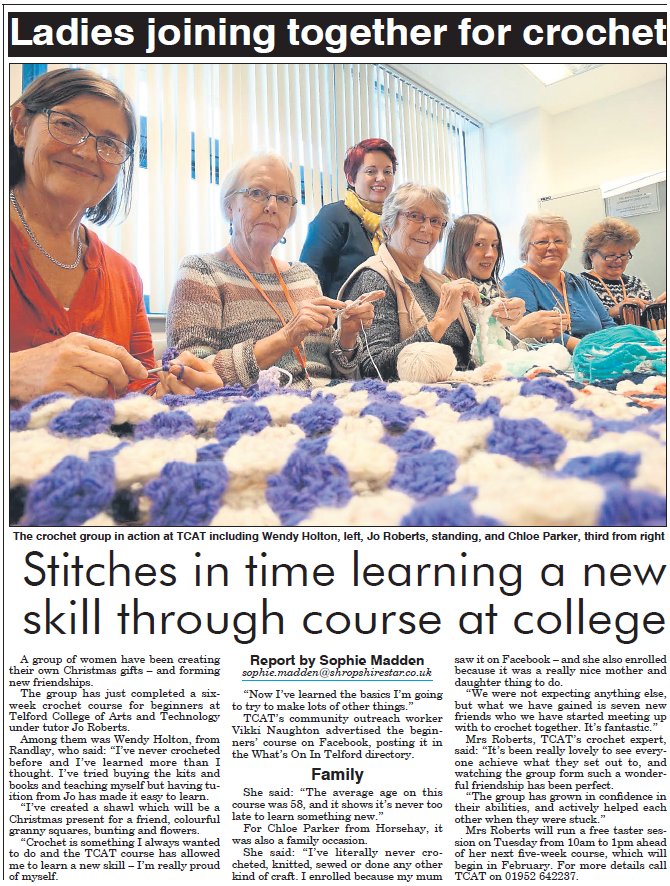 Thanks <a href="/ShropshireStar/">Shropshire Star</a> for this coverage on Saturday, this is a great little #crochet taster before Christmas tcat.ac.uk/prospectus/408…