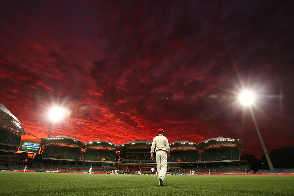 ICC's tweet photo. Breathtaking! What a backdrop to play cricket under at the @TheAdelaideOval! #SheffieldShield https://t.co/EsxlklUQOI