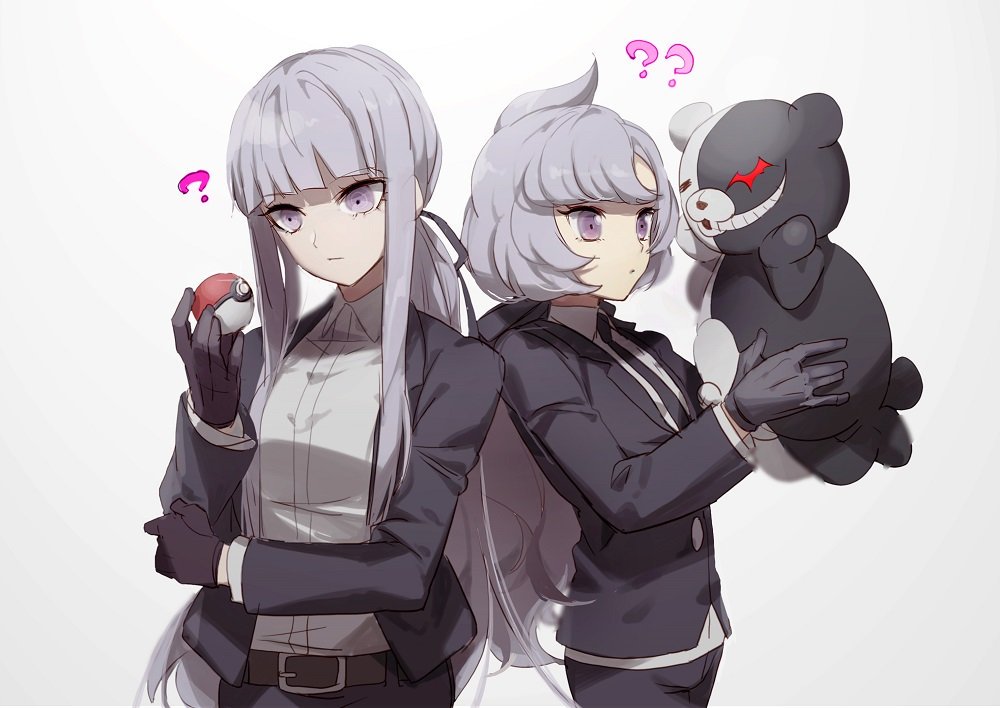 kirigiri kyouko ,monokuma gloves multiple girls long hair 2girls holding ? jacket  illustration images