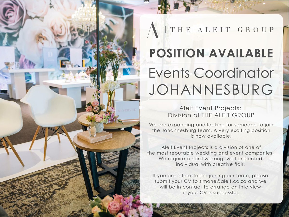 // Position Available | Events Coordinator | Johannesburg //
#EventsCoordinator #AleitEvents