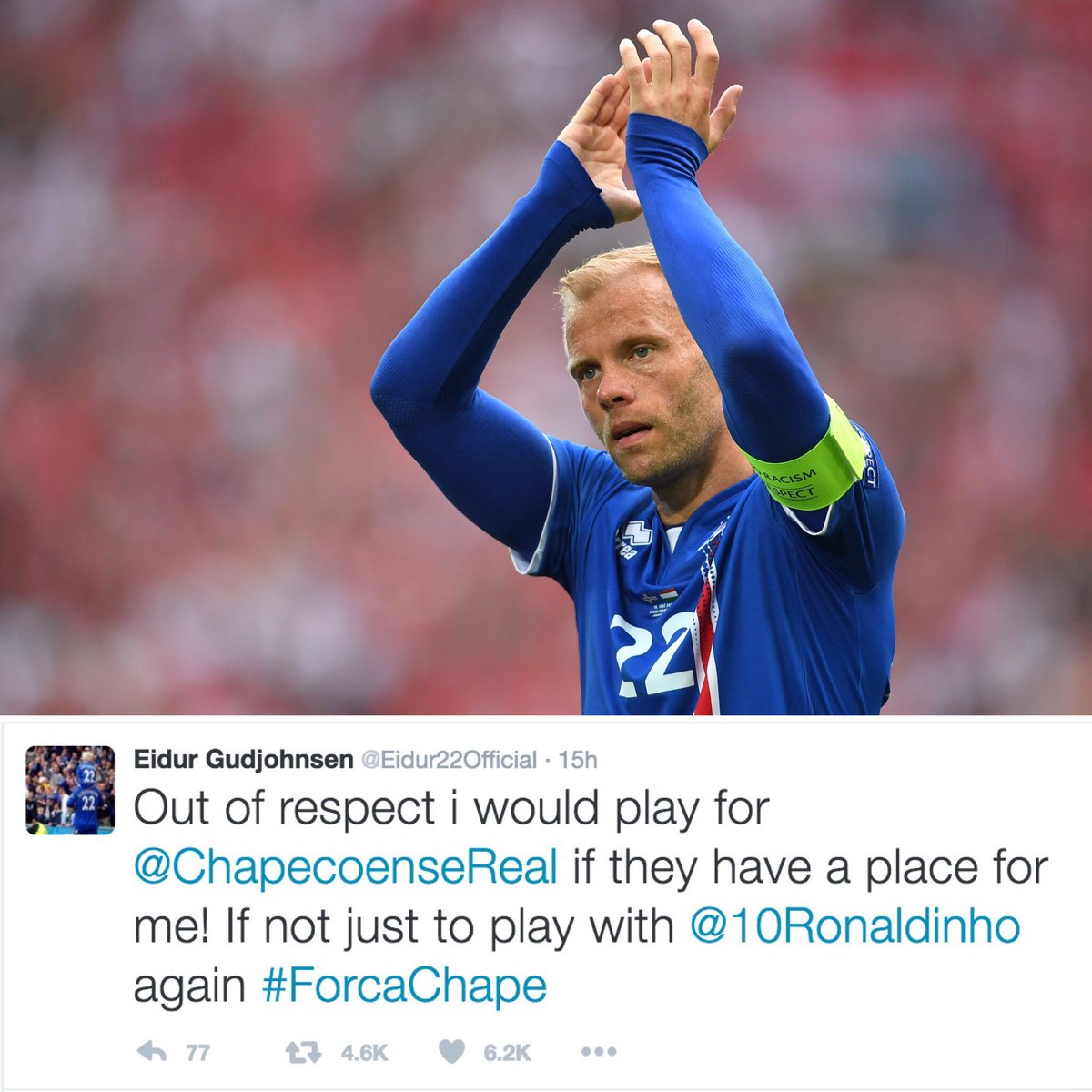 SoccerAM's tweet photo. Eidur Gudjohnsen has offered to play for @ChapecoenseReal in the aftermath of last week's tragedy. 

A fine gesture 👏 https://t.co/3rVaMrasYa