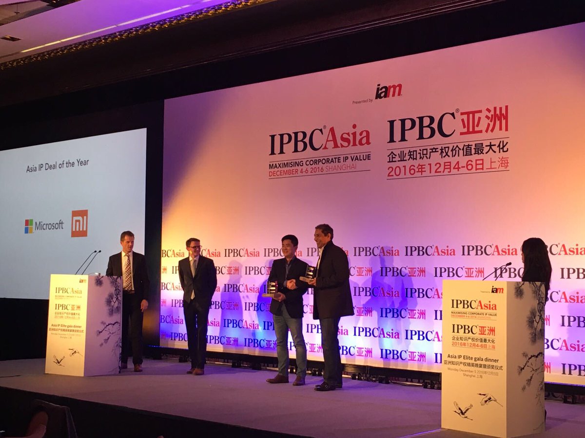 IAM is proud to present the Asia IP Elite award for Asia IP Deal of the Year to <a href="/MicrosoftIP/">Microsoft IP</a> and <a href="/xiaomi/">Xiaomi</a>! Well deserved! #IPElite #IPBCAsia