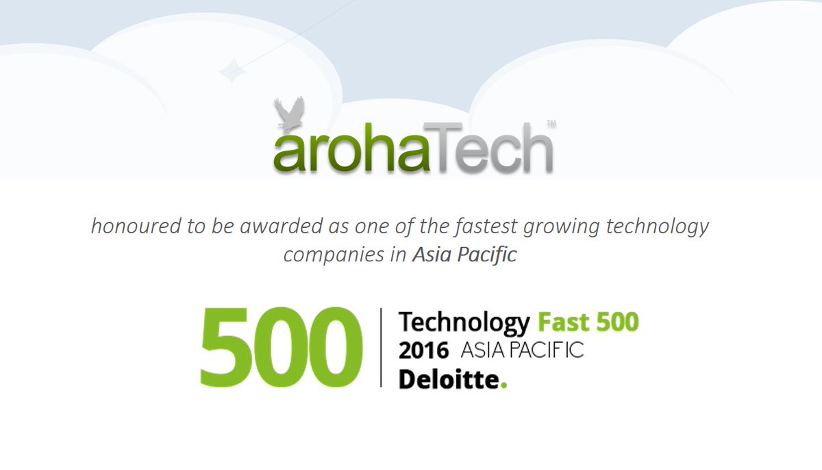 Arohatech's tweet image. We are proud to be among Fastest Growing 500 Technology Companies in Asia Pacific. &quot;Deloitte #Fast500APAC 2016&quot; goo.gl/wFybaw