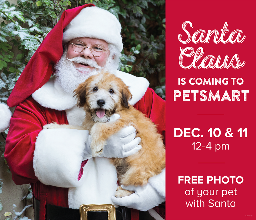 Join us at your local PetSmart store &amp; get a FREE photo of your pet with Santa Claus on 12/10 &amp; 12/11 between 12-4 
ptsmrt.co/60138J5NN
