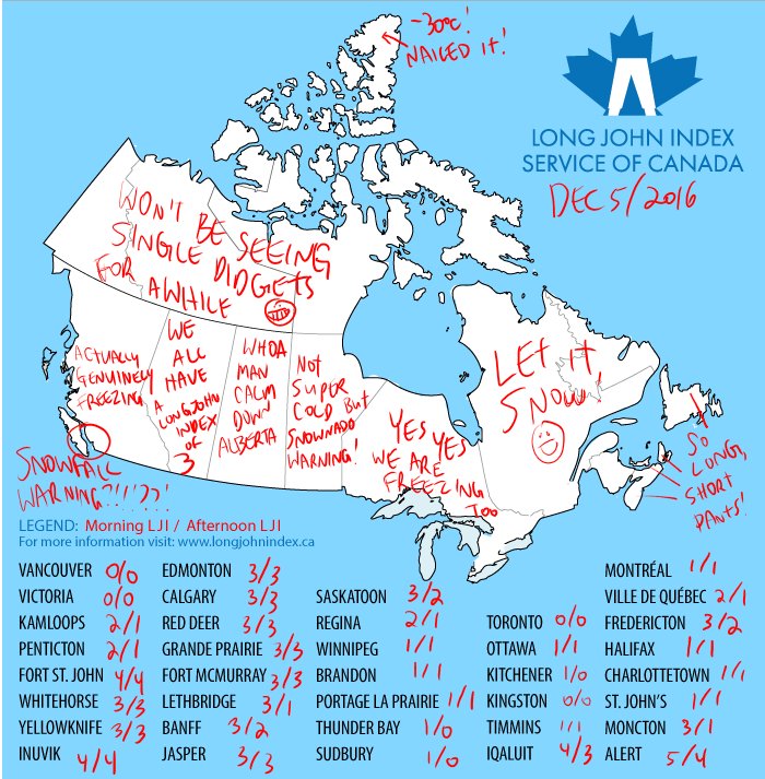 longjohnindex's tweet photo. Good Morning Bonjour Canada! AT LAST Genuine Winter! Here is your #longjohnindex weather map for Dec 5, 2016 #wewillbehereallweek https://t.co/wauPM79YmO