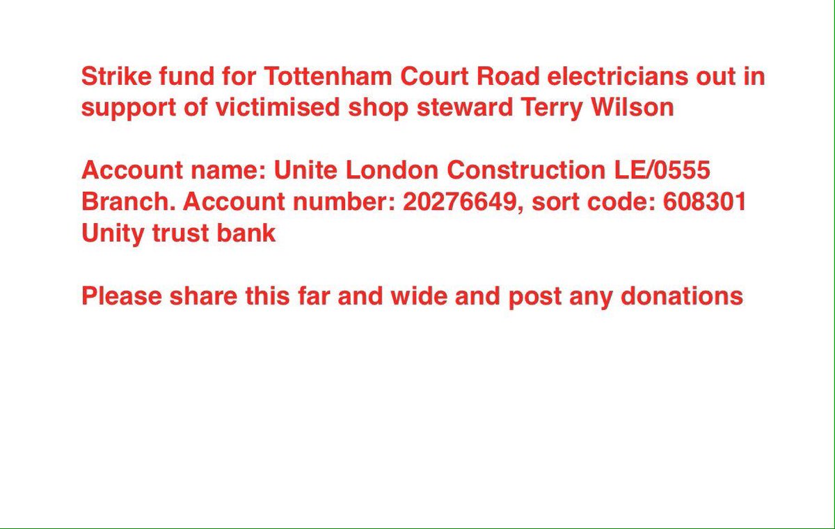 FINANCIAL APPEAL 
#Crossrail sparks in dispute over victimisation of steward Terry Wilson
<a href="/Unite0555/">London Construction</a>
<a href="/unitetheunion/">Unite the union: join a union</a>
Picket 6:30am Tot CRT Rd