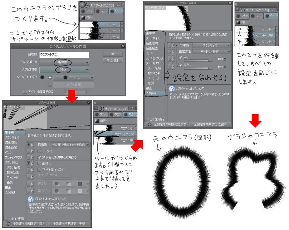 聖月 集中線レイヤーならオブジェクトツールで中心点 十字 を移動したり 十字の隣の点を移動すると線の並びも少し動くのでちょっと調整できたりします ウニフラツールを 編集対象のレイヤーに描画 に変更してベクターレイヤーに描画すると 線を一本
