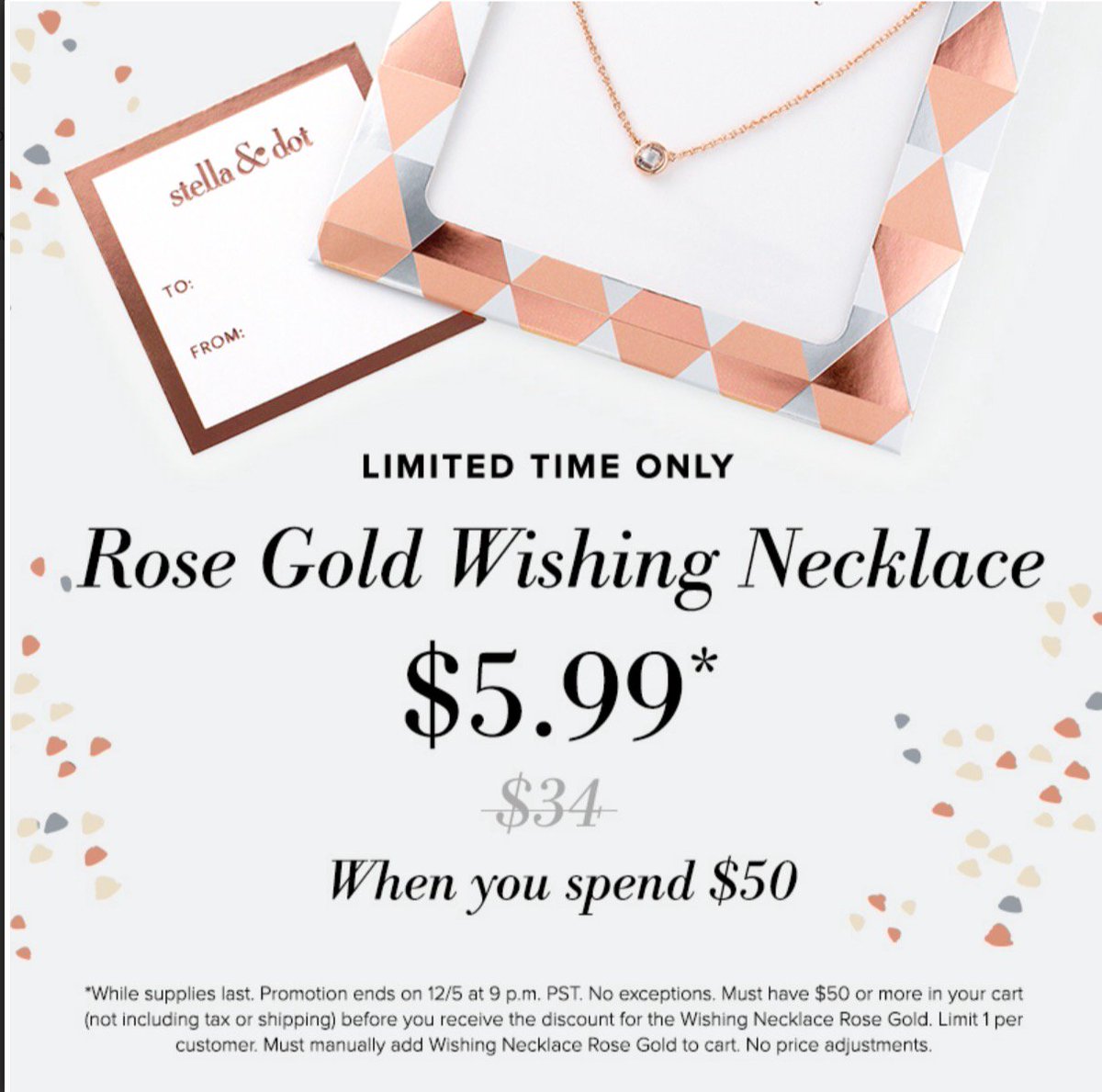 JenElizabeth8's tweet image. Get some gifts this December! Grab the rose gold wishing necklace for $5.99 when you spend $50! Ends today!!