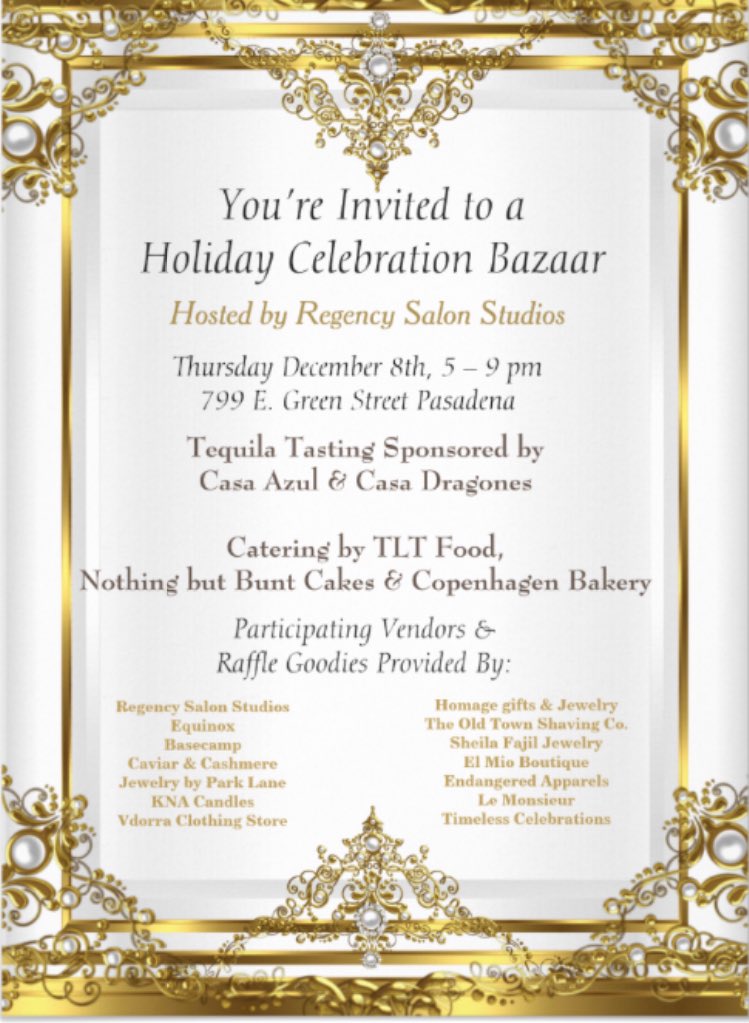 Mr_Pasadena's tweet photo. THURSDAY everyone is invited to @RegencyStudios Holiday Beauty Bazaar! Free event, free food, raffle prizes oh my! @luxxloft https://t.co/mYSqSRpOHk