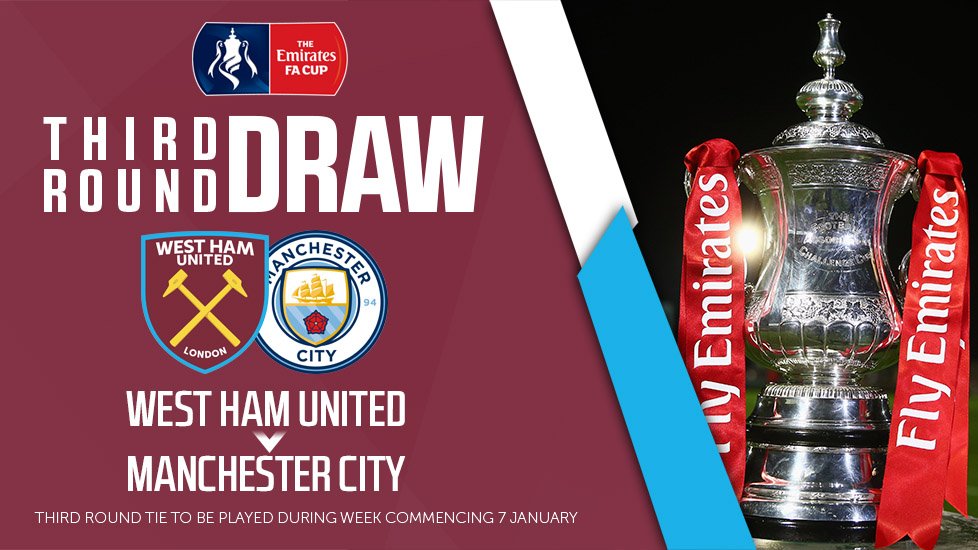 WestHam's tweet photo. Up for the @EmiratesFACup!

We'll host @ManCity in the Third Round!

🏆 #COYI https://t.co/rlQWNS1iuN