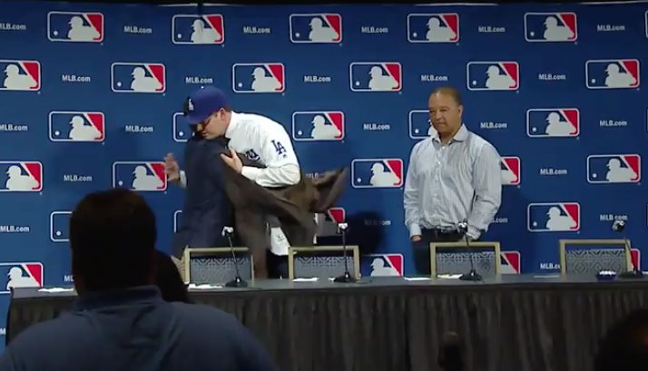 DodgersNation's tweet photo. Friedman says Rich is part of a list of 10 guys that have that โinnateโ desire to win! Press Conference is now over. #WelcomeBackRich https://t.co/FnbEdV19ul
