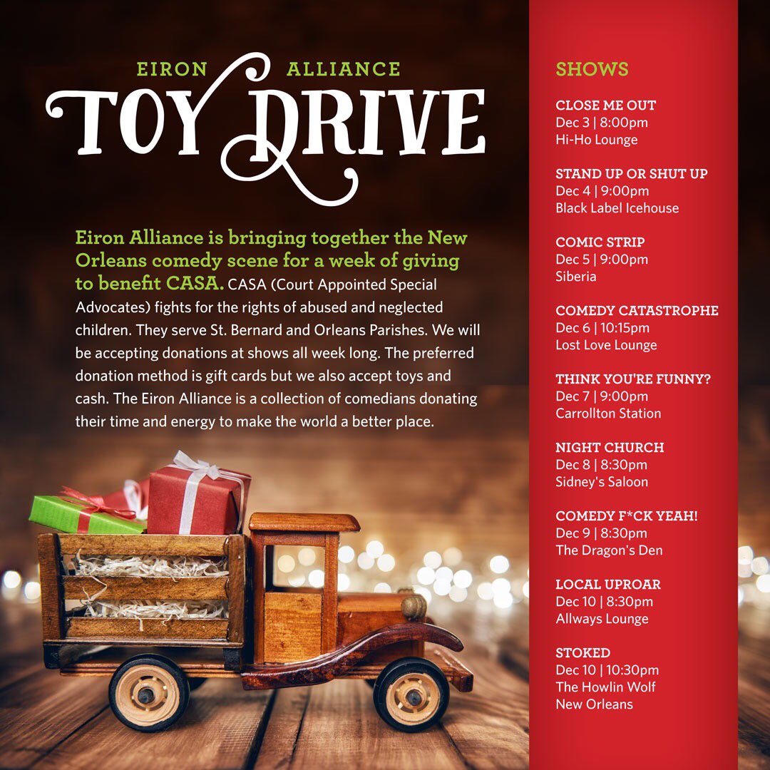 eironalliance's tweet photo. the Eiron Alliance Toy Drive for CASA. Tonight. Being your gift cards and enjoy the laughs and burlesque at @siberiaNOLA. https://t.co/AvZnNjKRJV