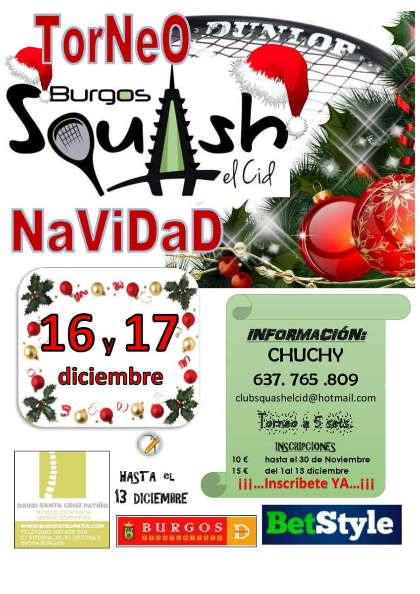 El fin de semana que viene acércate a disfrutar del SQUASH, en nuestro TORNEO DE NAVIDAD.
Os aseguramos un rato divertido y entretenido.