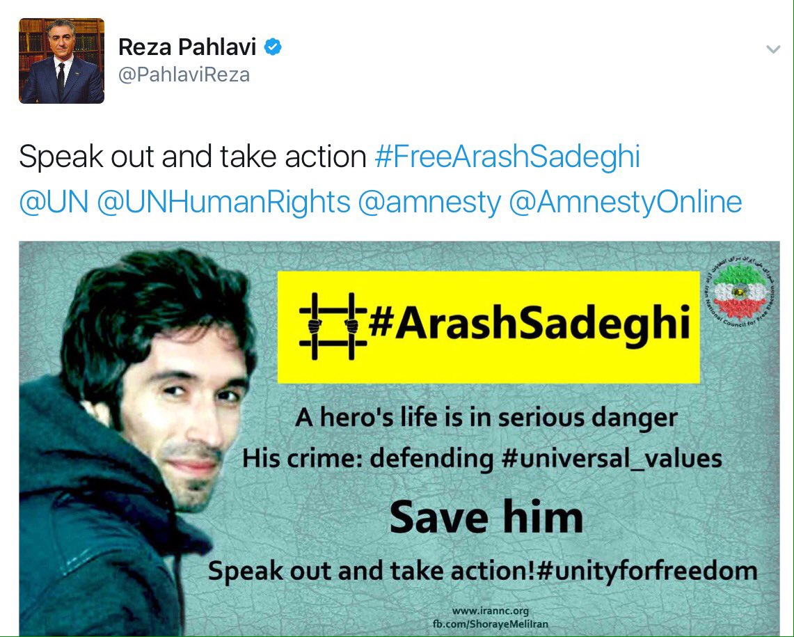 azita2016's tweet photo. #ArashSadeghi A hero's life is in serious danger. His crime: defending #universal_values.Save him.Speak out and take action!#unityforfreedom https://t.co/CEf6oflm9e
