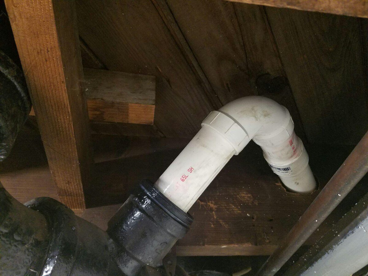 Removed and  replaced with a compromised pipe and lead fill.. Install new cast-iron to pvc rubber boot for water tight repair.