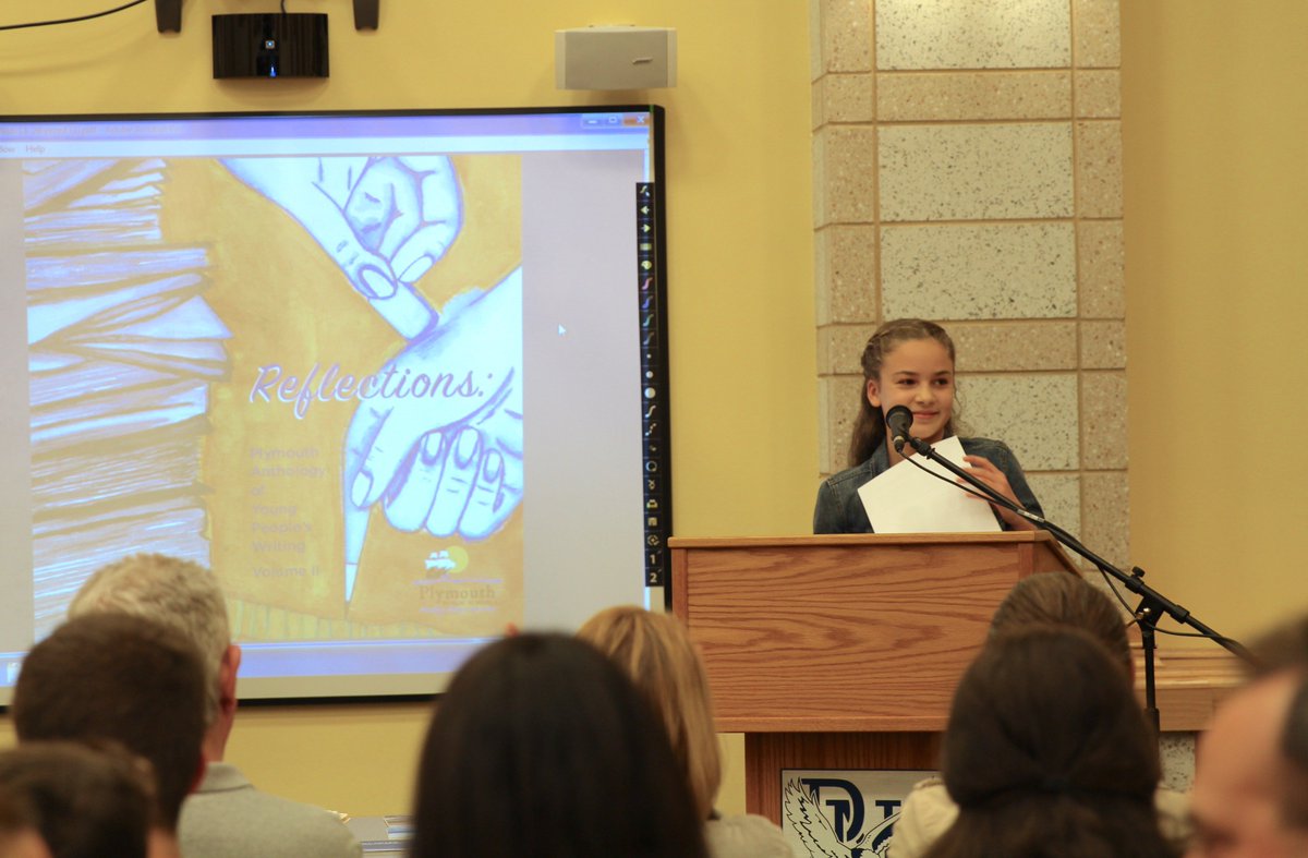 PlymouthSch's tweet photo. A great night celebrating students' work in "Reflections: Plymouth Anthology of Young People's Writing, Vol. II." https://t.co/ruBYZVRFLy https://t.co/u4vKWtvCZm