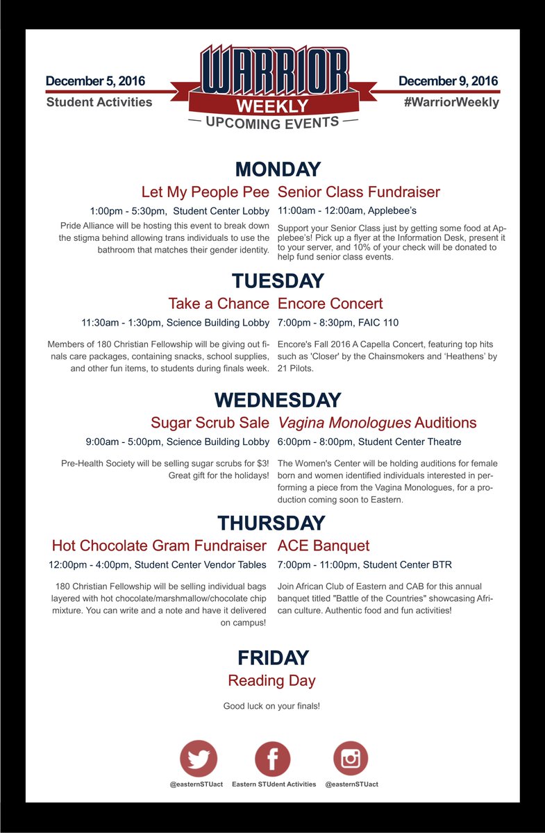 easternSTUact's tweet image. The semester's almost over but there are a few more events for you to check out! (Please note the change in location for the Encore concert)