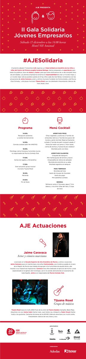 AJERegionMurcia's tweet image. Sábado 17 Dic 2ª Gala Solidaria AJE en favor de los niños del Centro de acogida Cardenal Belluga ajeregiondemurcia.com/es/Inicio/even…  #AJESolidaria