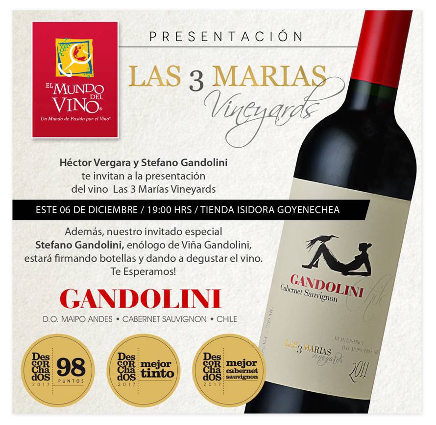 mundodelvinocl's tweet photo. Queremos invitarlos a la presentación de viña #gandolini y su vino CS premiado Las 3 Marías Vineyards. 6/12 7pm. Inscribirse x acá! 🍷👍 https://t.co/BPFcgUOnxt