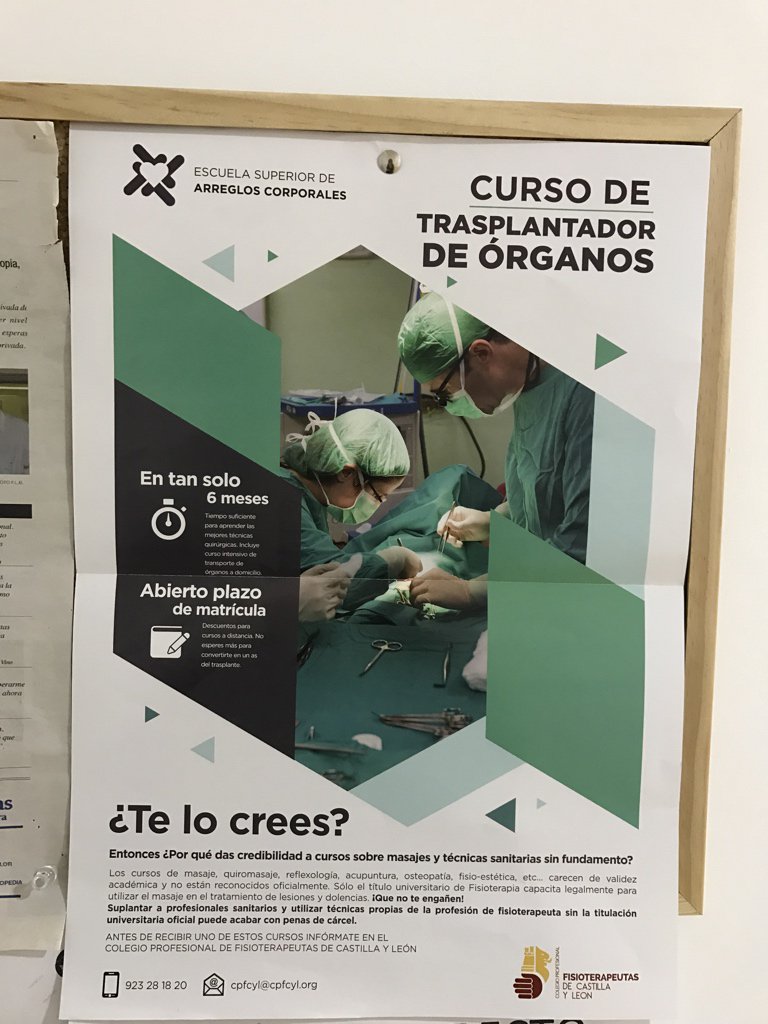 ikutram's tweet photo. “Curso d Trasplantador de Órganos. En tan solo 6 meses” ¿te lo crees? Pues no creas chorradas. 
OLE los fisioterapeutas d CyL #pseudociencia https://t.co/fWULOJPFy3