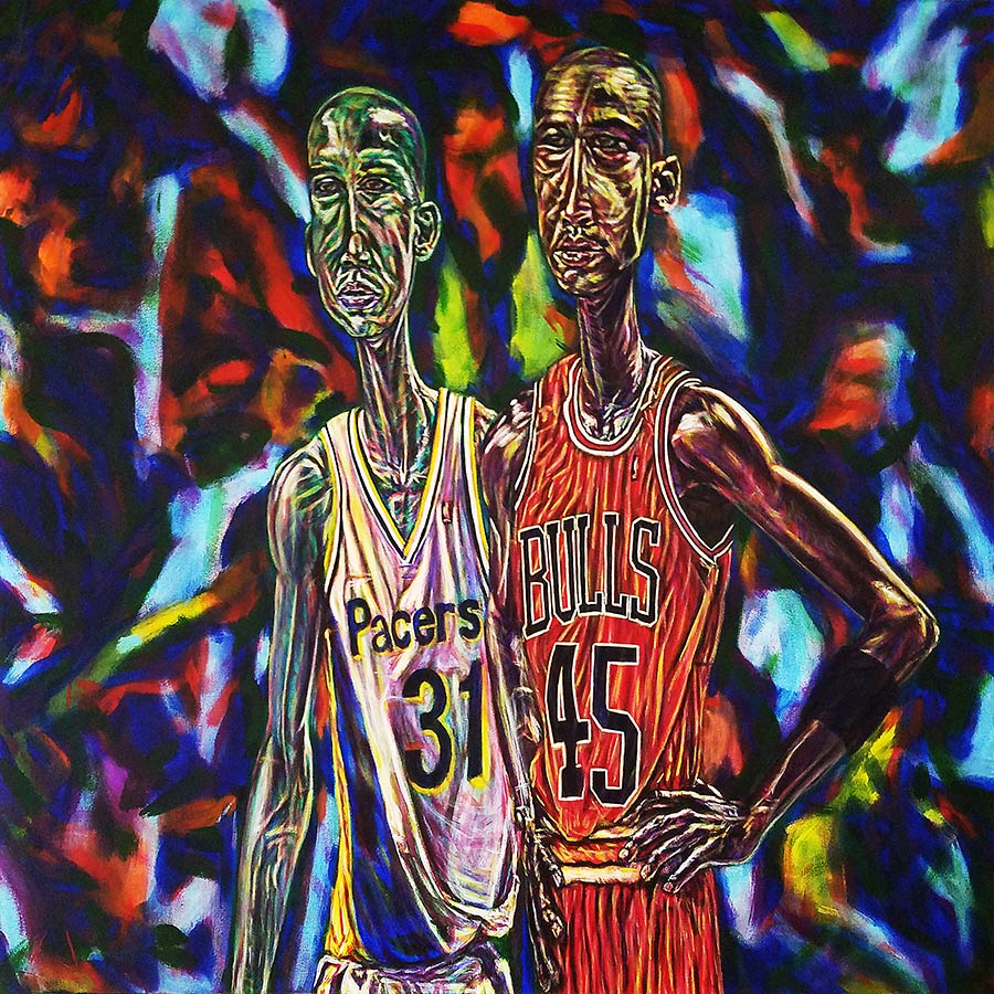 lampkin7's tweet photo. Standing Guard - #ReggieMiller and #MichaelJordan in a conjoined #DianeArbus style pose https://t.co/NlWQp69rF9