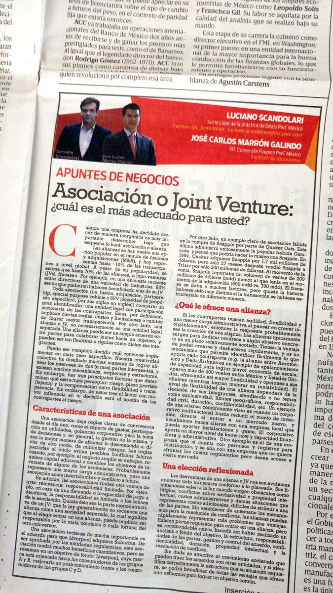 L_Scandolari's tweet photo. Les invito a leer hoy mi columna, "Asociación o Joint Venture, ¿cuál es el más adecuado para usted?" en #Dinero de @Excelsior #PwCDeals #MnA https://t.co/ZYbUz8DsgY