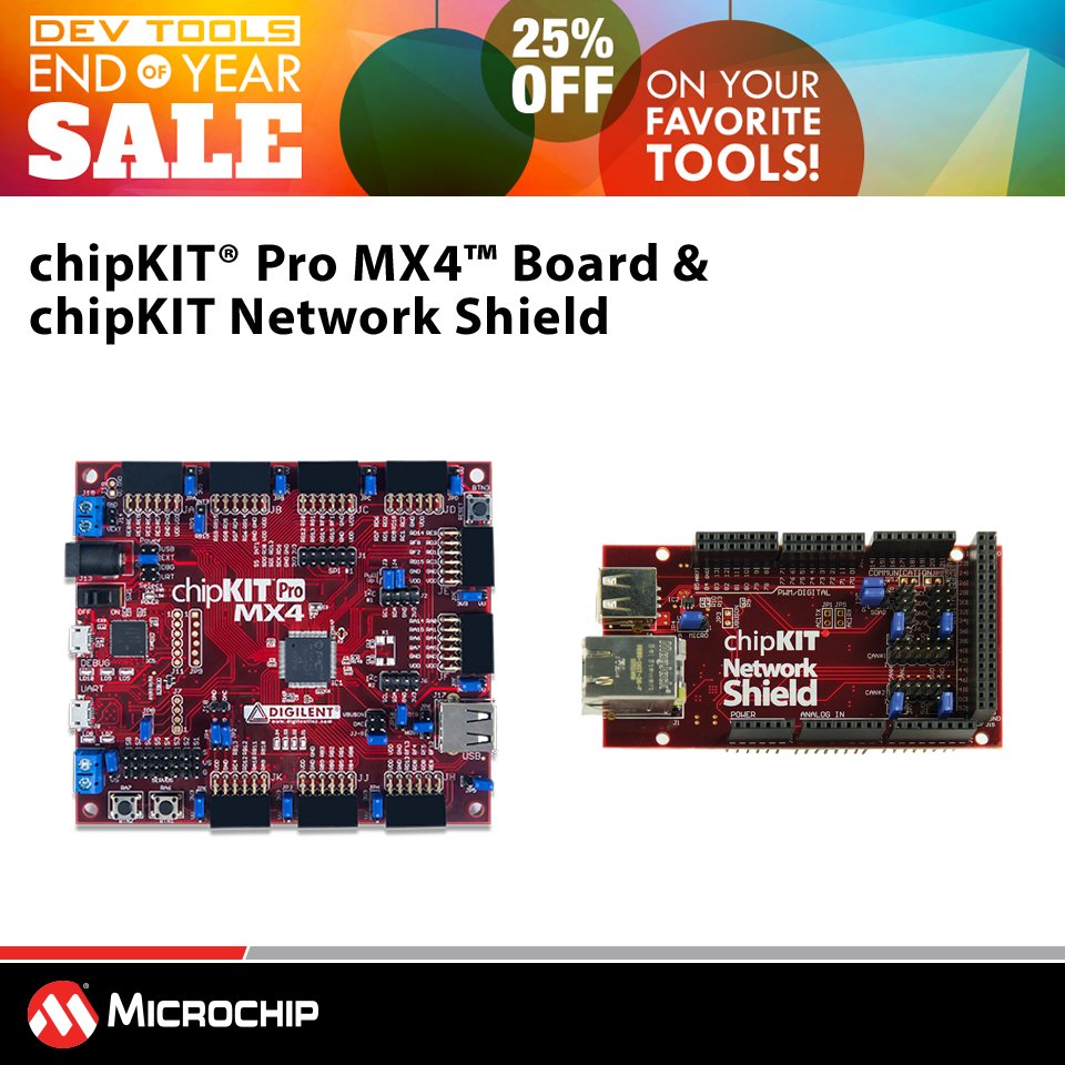 MicrochipTech's tweet photo. Save 25% on PIC32 MCU-based #chipKIT Pro MX4™ board and chipKIT Network Shield during our End of Year Sale: https://t.co/cQaoRl33Xa https://t.co/FF4EEYlTyU