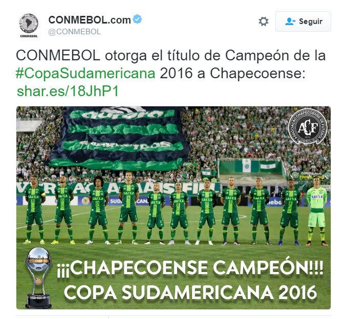 Dborondo's tweet photo. ATENCIÓN! CONMEBOL otorga el título de Campeón de la #CopaSudamericana 2016 a #Chapecoense https://t.co/UbnPrnt4uq