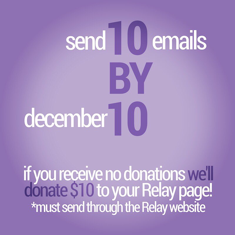 We are challenging you to send 10 e-mails by December 10th!  If you don't get any donations, we'll donate $10 to your page!