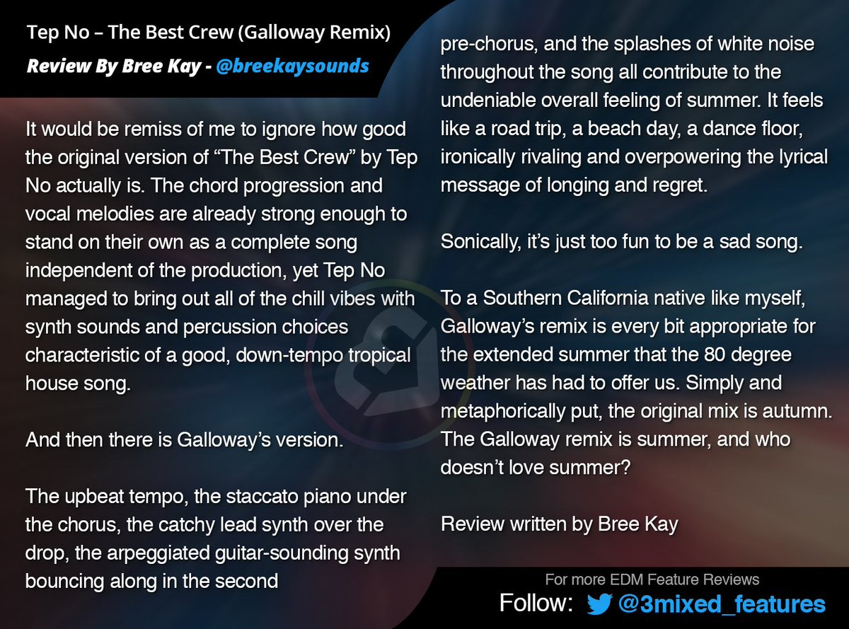 3MixedDotCom's tweet photo. Galloway Extends Summer w/ Remix of @TepNoMusic's The Best Crew @heyitsgalloway https://t.co/6w2qgee6RP #edm #edmreviews @BreeKaySounds https://t.co/eyyoQByKam