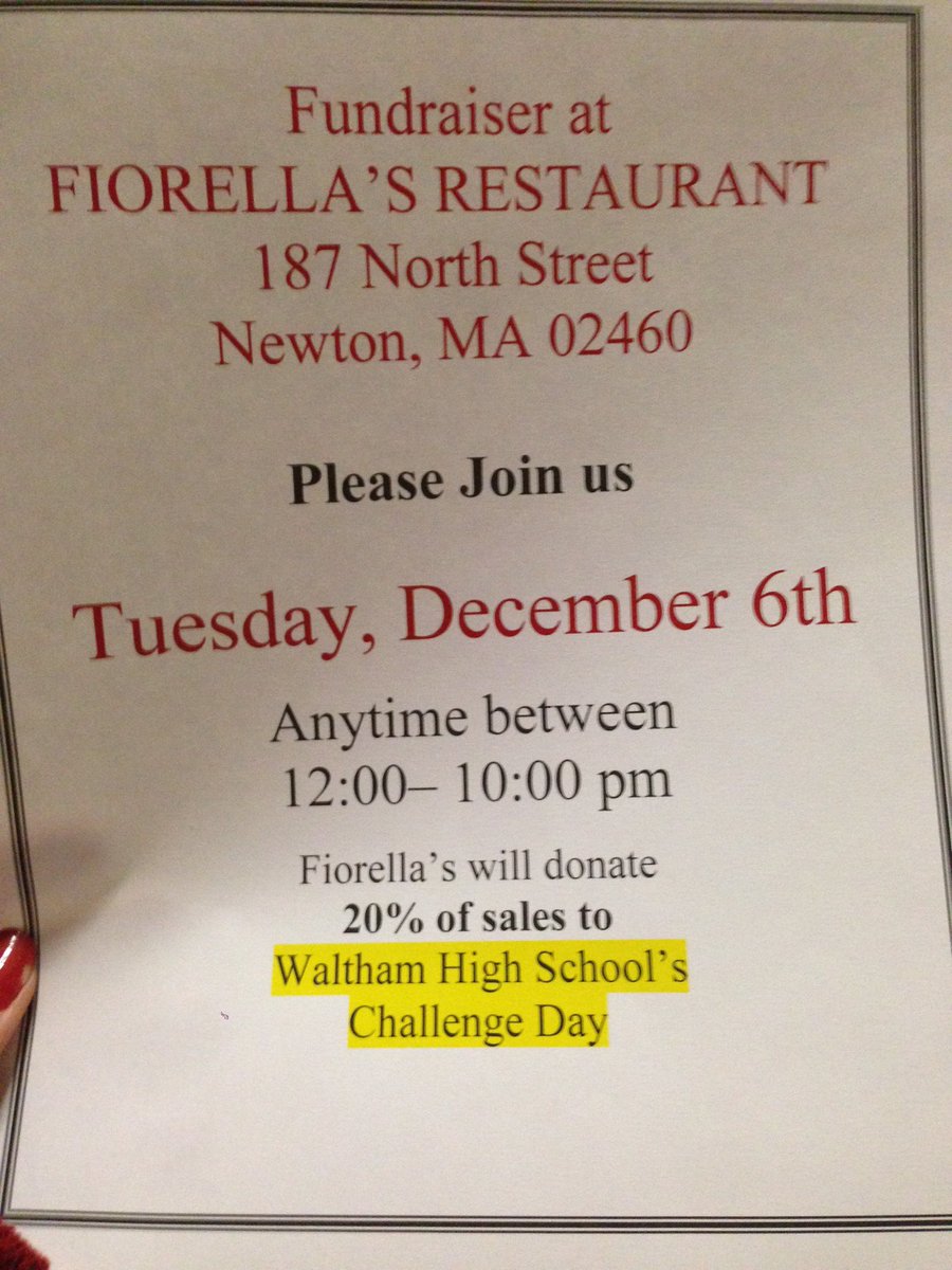 MrsBrennanWPS's tweet photo. TUESDAY Dec 6th! Fundraiser @FiorellasMA to support Waltham HS @ChallengeDay ! Mention fundraiser for 20% to program! @WalthamSchools https://t.co/lnePYELea0