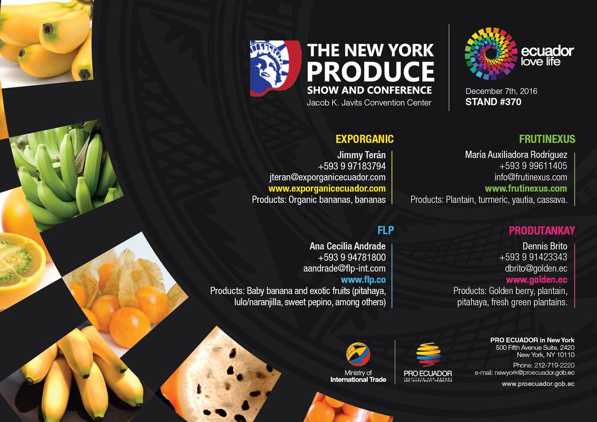 proecuadornoram's tweet photo. .@proecuador_nyc Invites you to visit our companies at the @NYProduceShow #booth370 Discover the diversity of tasty products from #Ecuador https://t.co/az5PRcpppD