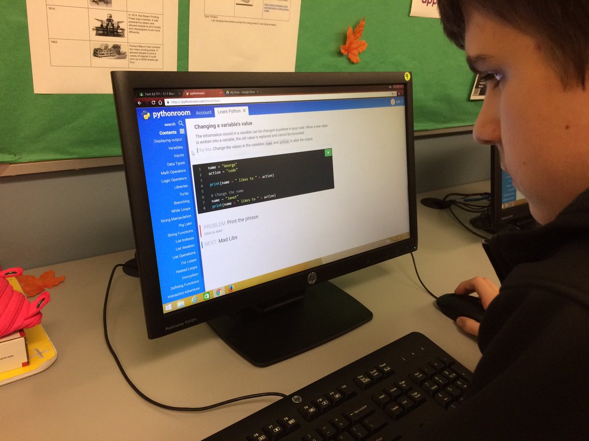 srmusacchio's tweet photo. Day 1 exploring #python for the first time with 7th graders.  #HourofCode  #coding @nrmstechlab https://t.co/gefmqG63iL