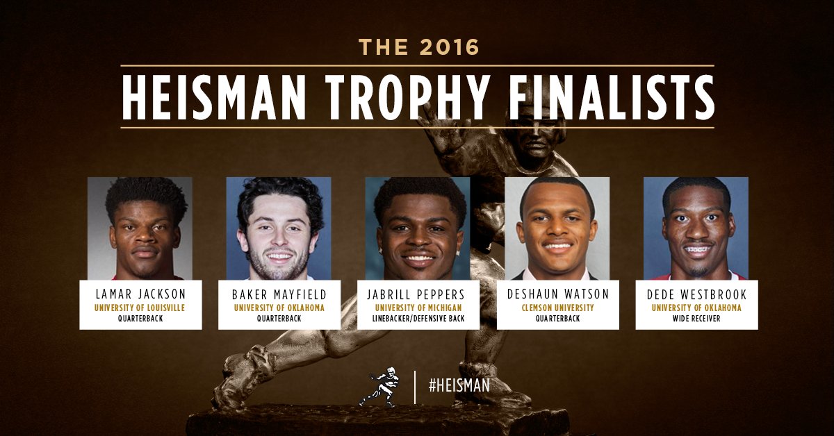 HeismanTrophy's tweet photo. The 2016 #Heisman Trophy Finalists are @Lj_era8, @baker_mayfield6, @JabrillPeppers, @DeshaunWatson4 &amp; @DedeTHEGreat11 https://t.co/bxmvM5k84a