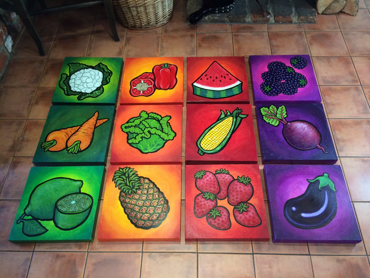 cheekychen's tweet photo. Four Seasons - finished canvases feat. seasonal fruit+veg for each month. Acrylic/spray paint on 12" canvases. #art #painting #fruit #veggie https://t.co/RUMngc1slF