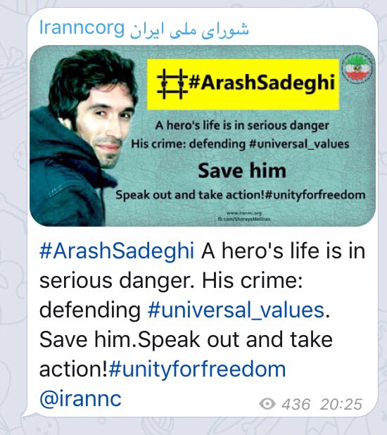 azita2016's tweet photo. #ArashSadeghi A hero's life is in serious danger. His crime: defending #universal_values Save him.Speak out and take action!#unityforfreedom https://t.co/xb9Y6reuhN