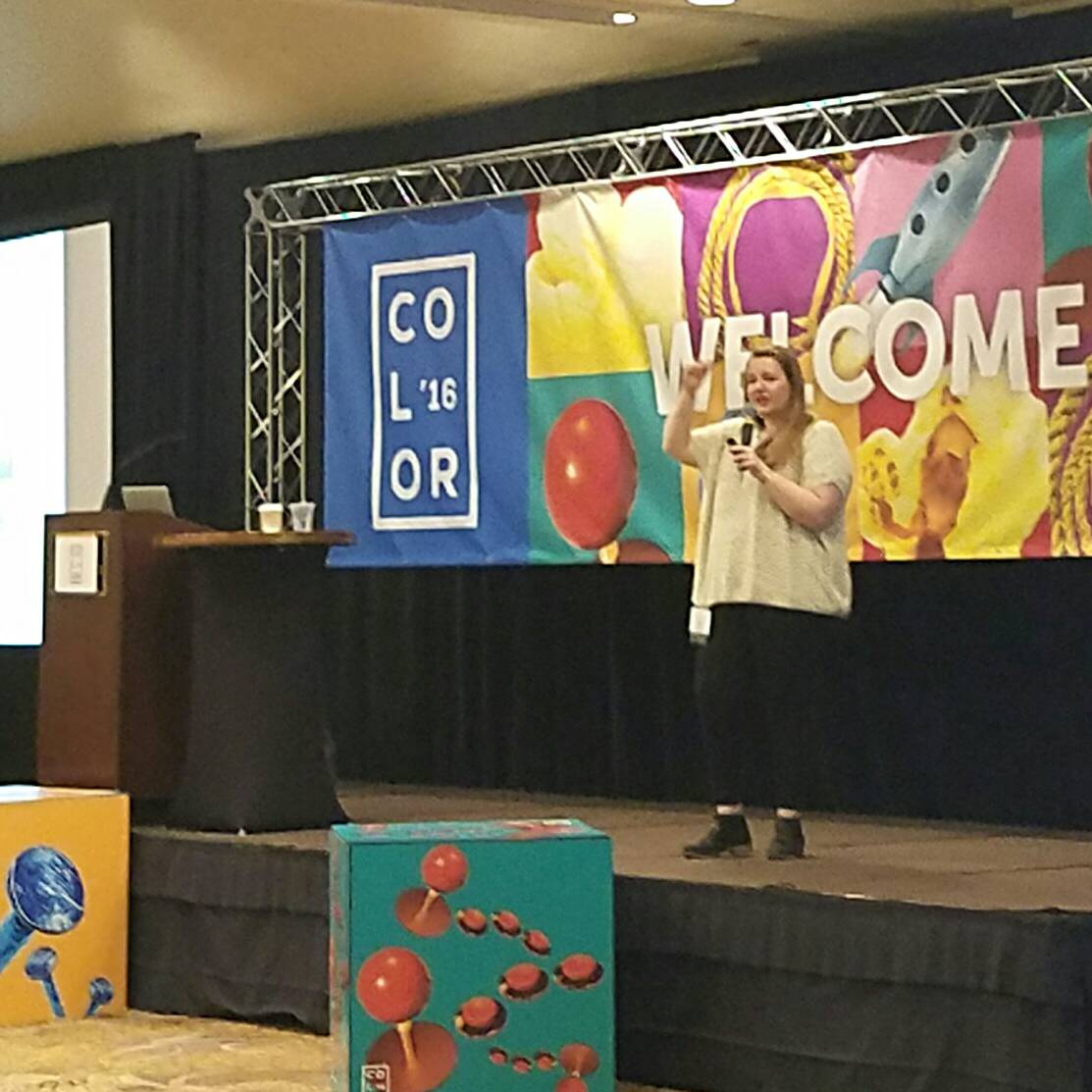 PRINTINGUnited's tweet photo. Kristy Cameron of @Starbucks gets the crowd energized about global brand at #Color2016. https://t.co/WV6ezIVrxM