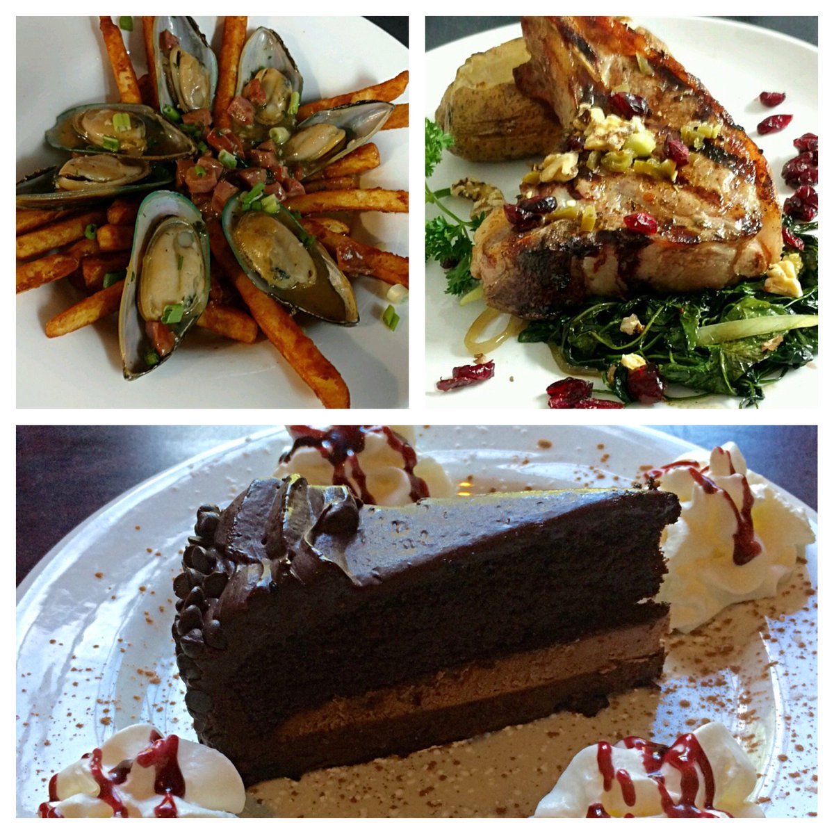 TheOldeBryanInn's tweet photo. Look what's for dinner! #andouille #mussels #frites #vealchop #ultimatechocolatecake #oldebryaninn https://t.co/4933711Dlg