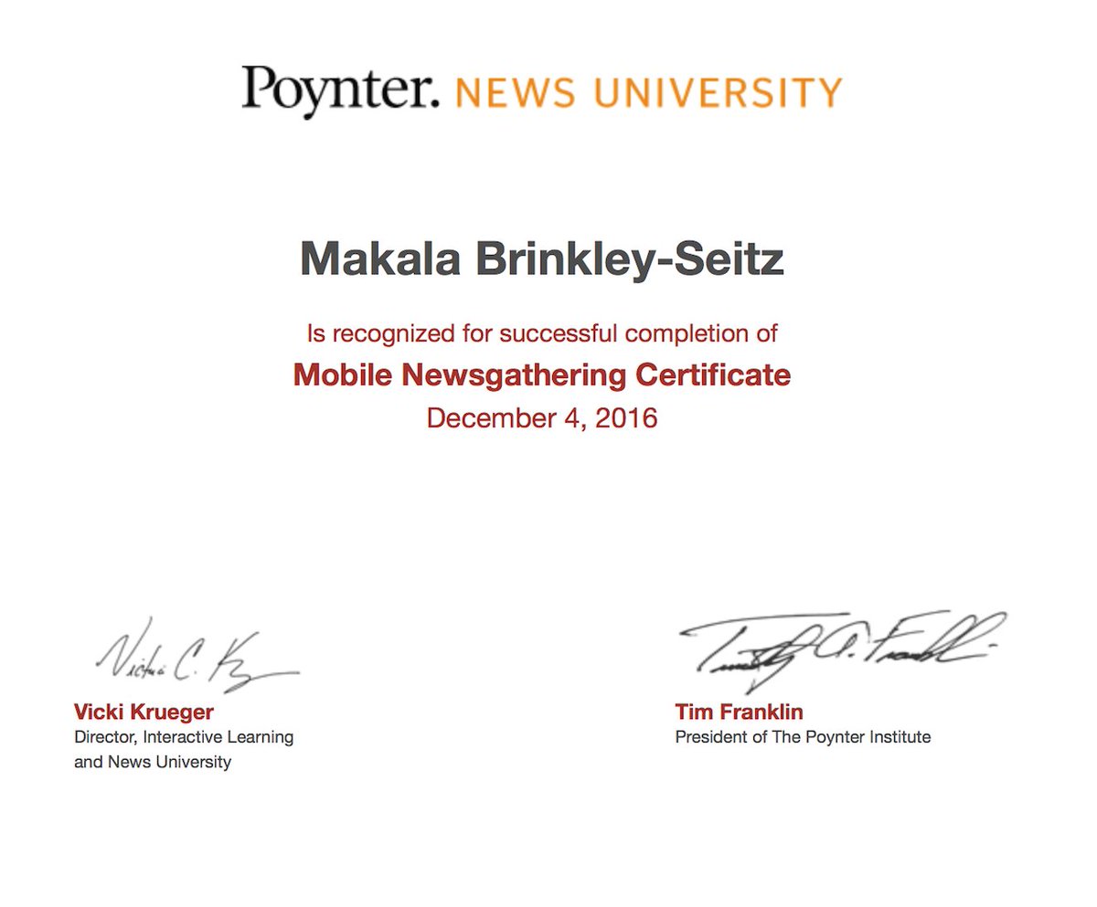 KelliBloomquist's tweet photo. Congrats to @mak4cy &amp; @psICCC for completing the Mobile #Newsgathering online certificate from @Poynter. #ICDMC16 #SMM200 https://t.co/pIyeAYvI1t