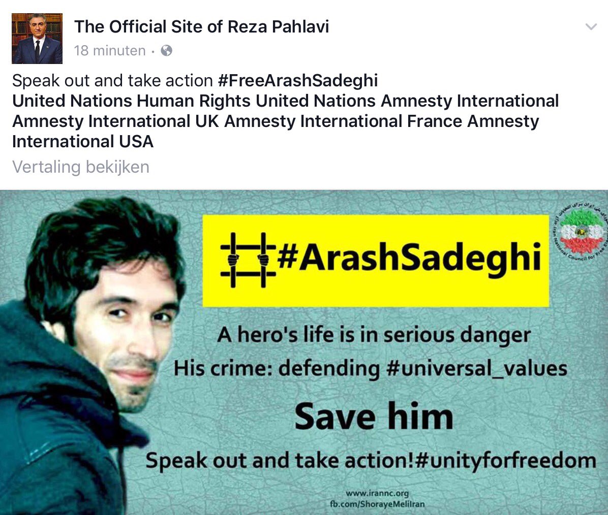 azita2016's tweet photo. #ArashSadeghi A hero's life is in serious danger. His crime: defending #universal_values Save him.Speak out and take action!#unityforfreedom https://t.co/ivBs8l1HPe