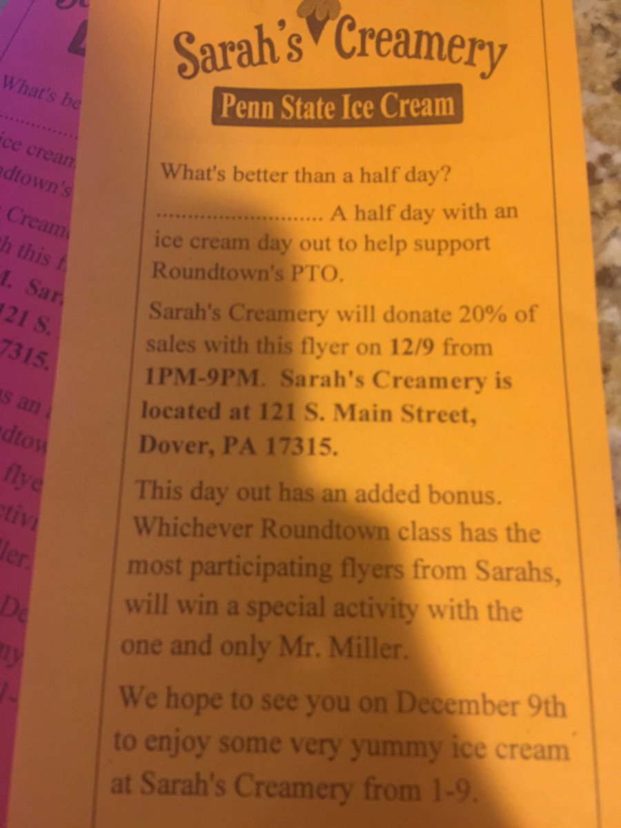 Sarah's creamery day out this Friday dec 9th from 1-9. Bring the flyer and make sure to write your teachers name on it!