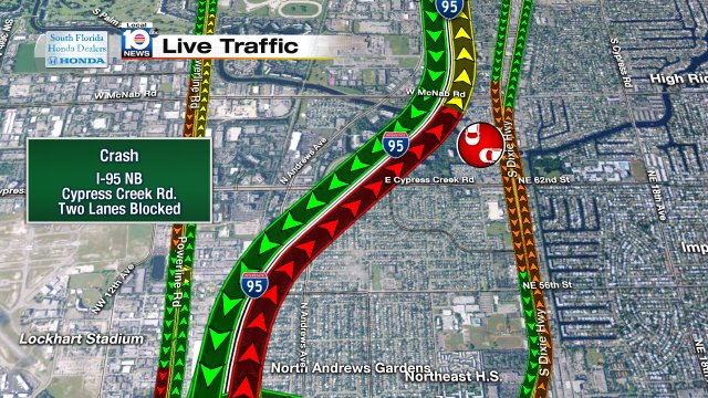 CRASH: I-95 NB & Cypress Creek Rd. Two lanes are blocked; delays stretch back to Oakland Park Blvd. #TRAFFIC https://t.co/MSL4WzyWv4