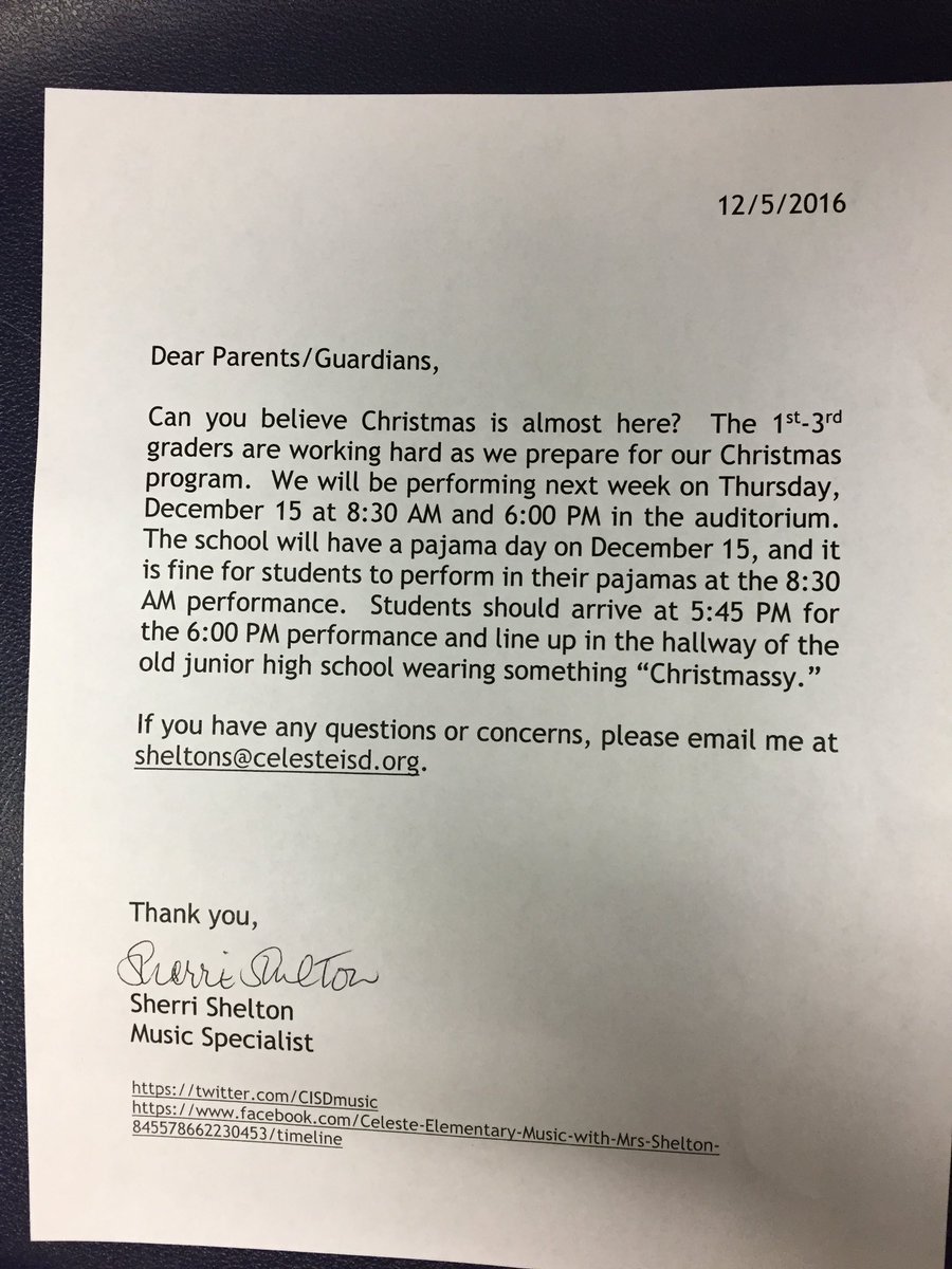 CISDmusic's tweet photo. 1st-3rd grade Christmas Program is coming up. This letter was sent home today with 1st-3rd graders. @CelesteElem @thecelesteisd https://t.co/0VSBOj15kC