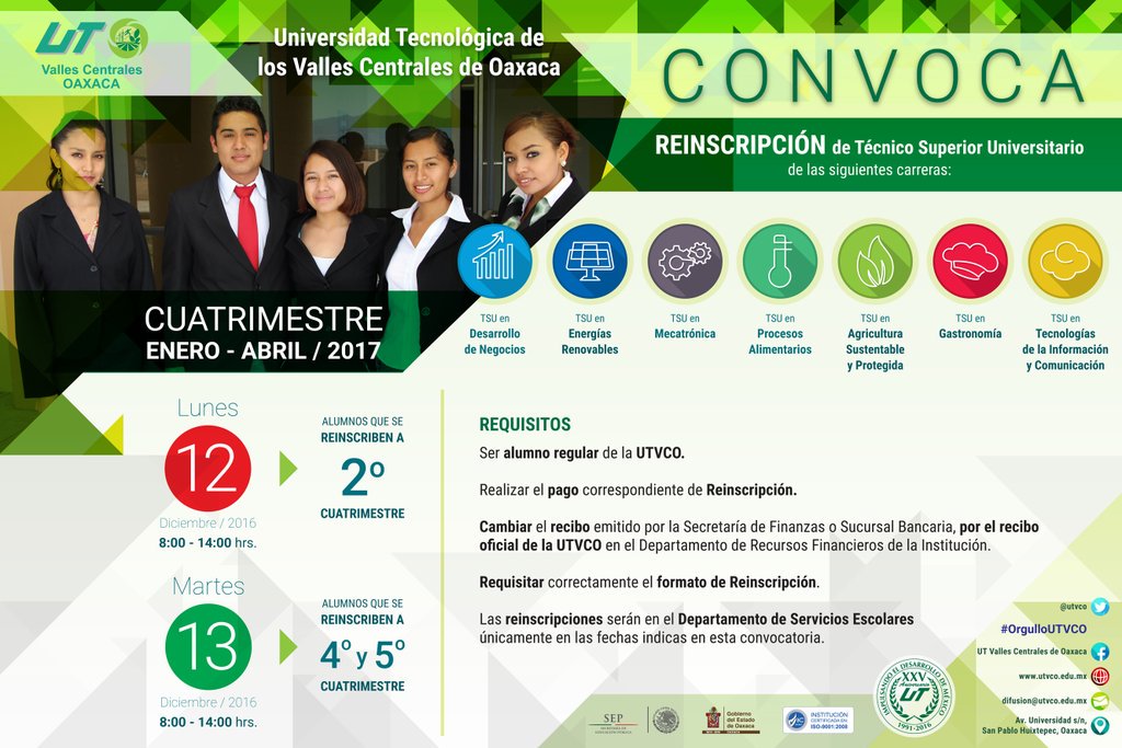 utvco's tweet photo. Atención #ComunidadUT.
Fechas de REINSCRIPCIÓN para TSU.
12 de Diciembre: 2° cuatrimestre.
13 de Diciembre: 4° y 5° cuatrimestre. https://t.co/UGgvJwcvGu