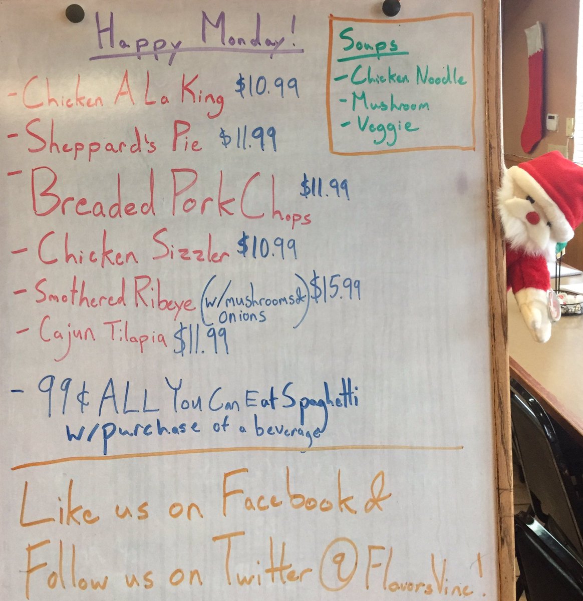 Good afternoon! Here's our #DinnerSpecials for tonight. They all come with soup, salad, and dessert too! #Monday #homecooking #followback