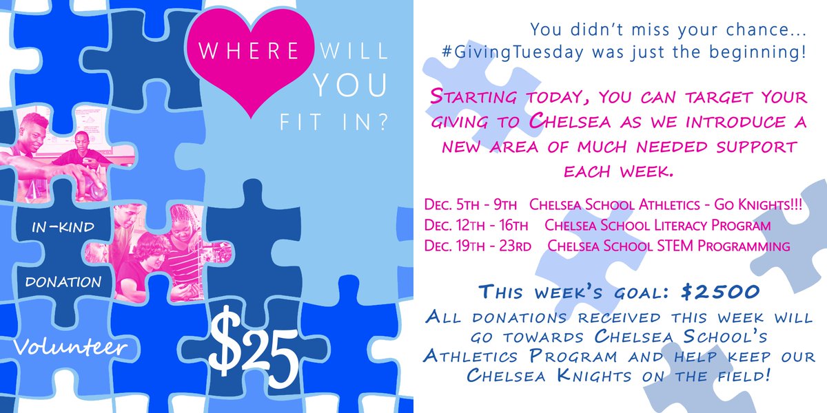 ChelseaSchool's tweet photo. Support a different @ChelseaSchool program each week this Dec!  Reply #donate + any $ amount (ex. #donate $20) and watch for updates! https://t.co/X0lTFVYETg