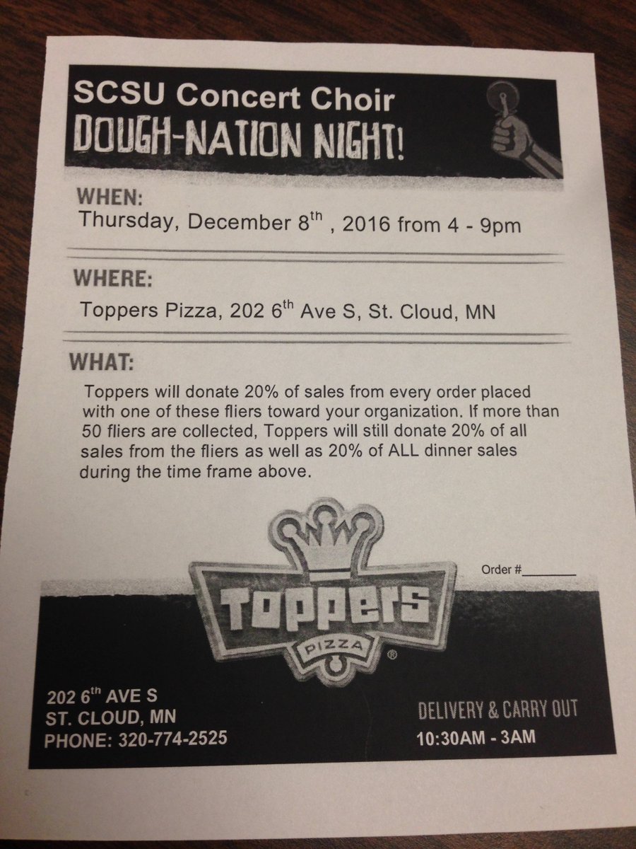 SCSUChoirs's tweet photo. Like pizza and want to help the choir? Buy Toppers Pizza on Thursday and show them this flyer to give us 20% of your sale! https://t.co/Td6YS0gApS