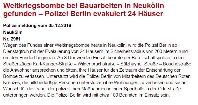 polizeiberlin's tweet photo. 50kg Weltkriegsbombe in #Neukölln gefunden. Für die Entschärfung wird der Bereich um die Heidelberger Str. morgen ab 8 Uhr evakuiert.
^tsm https://t.co/4iNYHK2I7o
